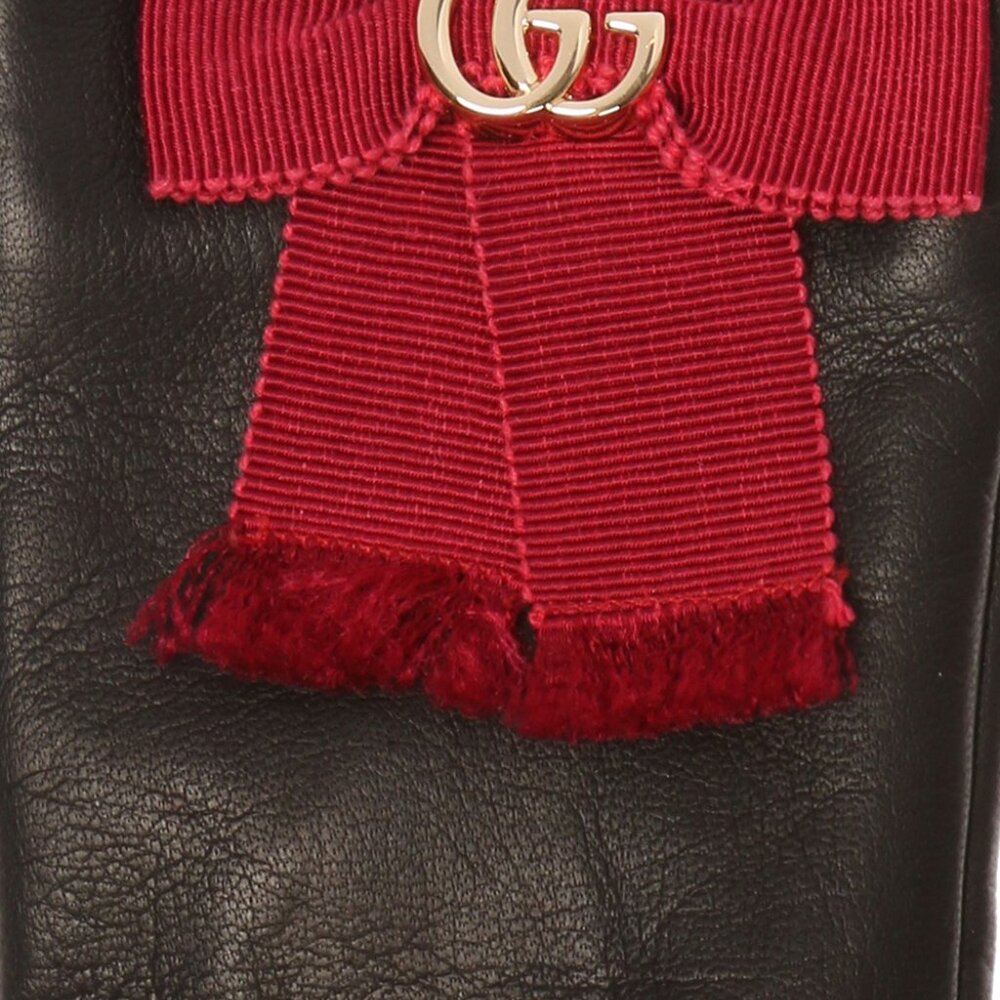 GUCCI GLOVES 434223 BLACK LEATHER GROSGRAIN BOW G LOGO sz S / 7 - Picture 4 of 16